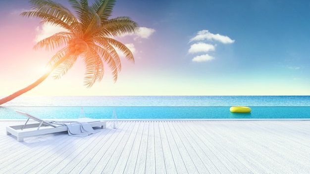 Verão relaxante, lounge de praia, deck para banhos de sol e piscina privativa
