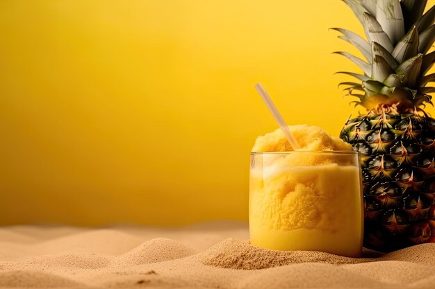 Verão um copo de suco de abacaxi com um canudo ao lado