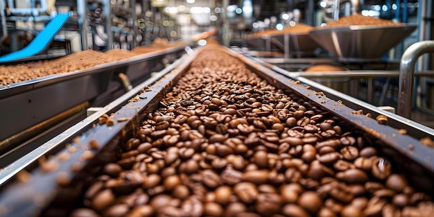 Verarbeitung und Sortierung von Kaffeebohnen in einer Produktionsanlage Konzept Kaffeesortierung Beernverarbeitung Produktionsanlage Sortierlinie Qualitätskontrolle