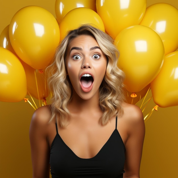 Verblüffte, fitte junge Frau im Unterhemd feiert Geburtstagsfeier mit einem Haufen Luftballons