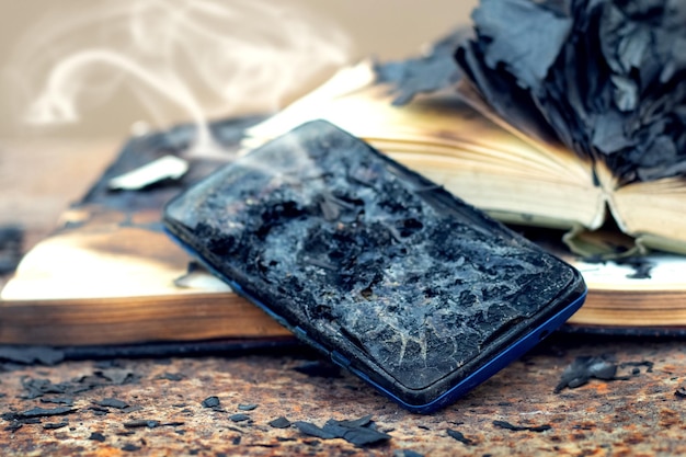 Verbrannte Bücher und ein verkohltes Telefon im Büro auf dem Tisch Folgen des Feuers