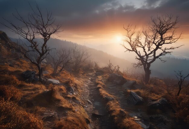 Foto verbrannte erde mit schmutz-wandweg durch verbrannte landschaft nach buschfeuer waldfeuer