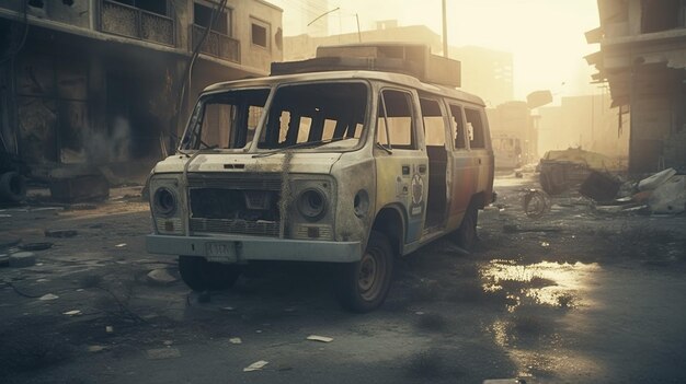 Verbrannte zerstörte Ambulanz inmitten des Zerstörungshintergrunds der Kriegszone