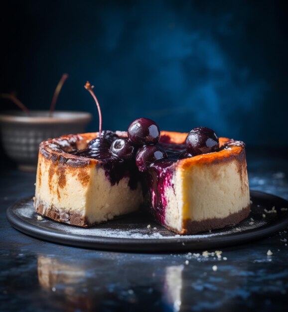 Verbrennter baskischer Käsekuchen mit Kirschen oben auf blauem Hintergrund