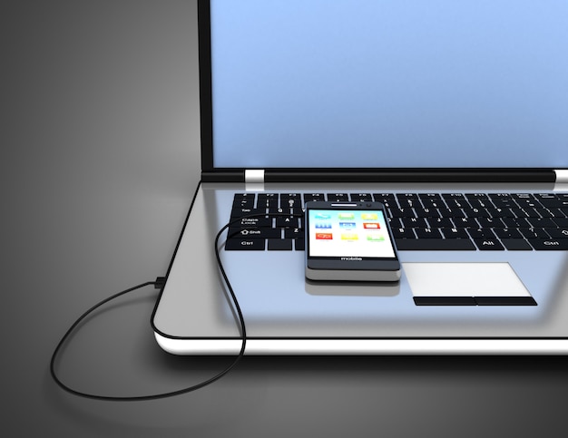 Verbundener Laptop und Smartphone. 3D-Illustration