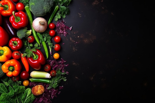 Verdadeira vista de vegetais frescos com verduras no escuro