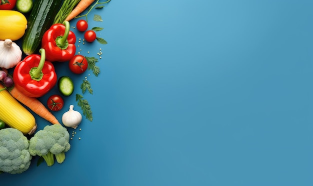 Verdadeiro vegetais em fundo azul escuro Espaço de cópia Ingrediente de cozinha Cenoura tomates pepino pimenta brócolis cebola Vegetariano bandeira de alimentos orgânicos Criado com ferramentas de IA generativa