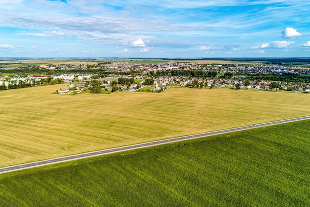 Verde agrícola y campo de trigo. Los campos están separados por una carretera de asfalto. Vista desde una gran altura