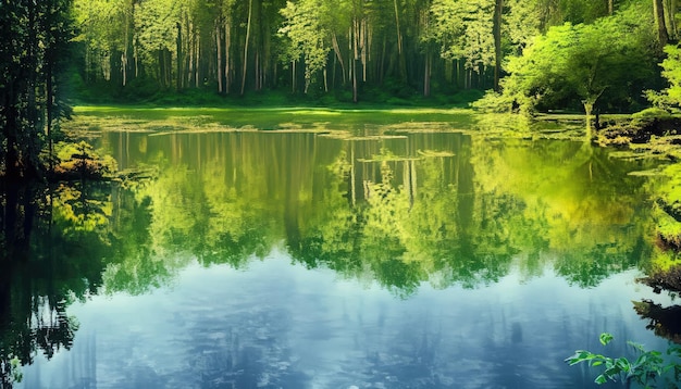 Verde del bosque que se refleja en la superficie del agua