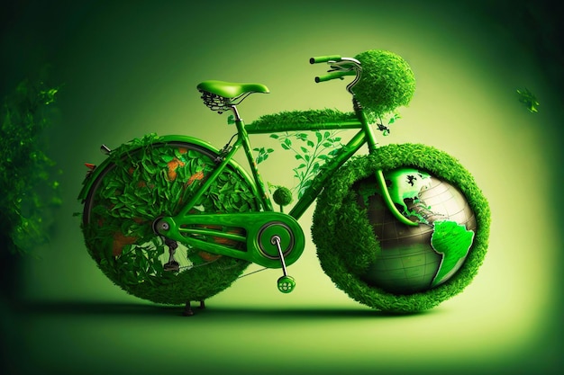 Verde brilhante decorado com plantas e bicicleta verde para ciclismo generativo ai