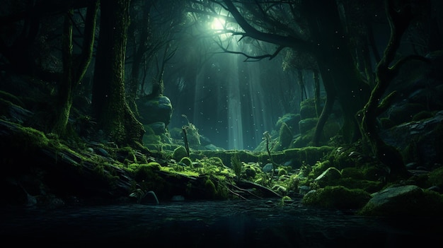 Verde escuro mágico floresta noite fantasia papel de parede imagem arte gerada por Ai