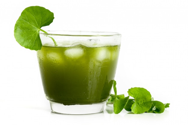 Foto verde fresco gotu kola, centella asiatica hoja y jugo en blanco