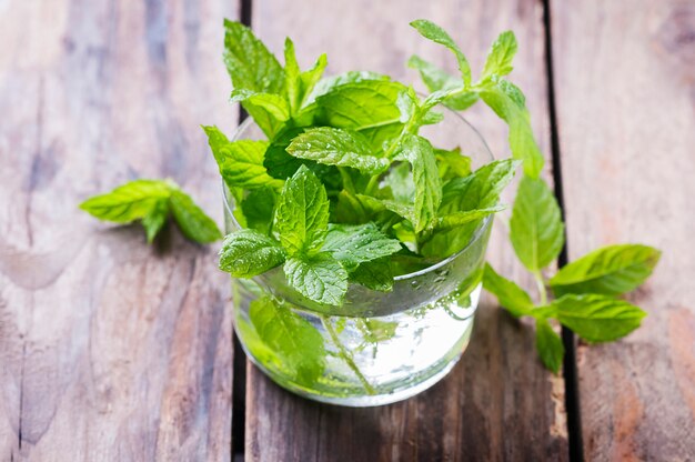 Foto verde menta fresca en la mesa de madera