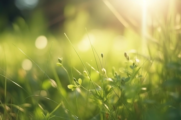 Verde natural desfocado primavera verão fundo desfocado com sol Grama jovem suculenta e folhagem na natureza em raios de luz solar espaço de cópia de enquadramento cênico