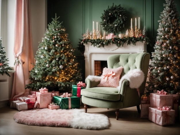 En verde, rosa y blanco, una escena festiva con una chimenea, un sillón, un árbol cargado de regalos evoca las vacaciones.