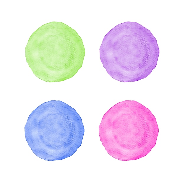 Verde, roxo, azul e rosa círculo pintura aquarela texturizado no papel branco isolado no fundo branco