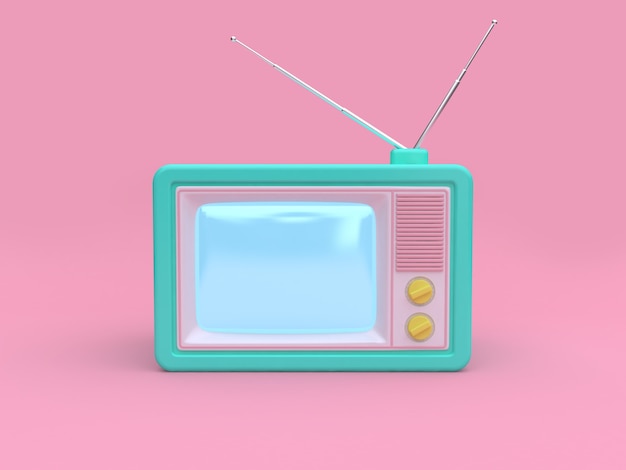 verde velha televisão cartoon estilo rosa fundo 3d rendering tecnologia conceito