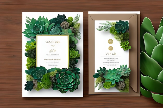 Foto verdor suculento y ramas tarjeta de invitación de boda guardar la fecha gracias rsvp plantilla v