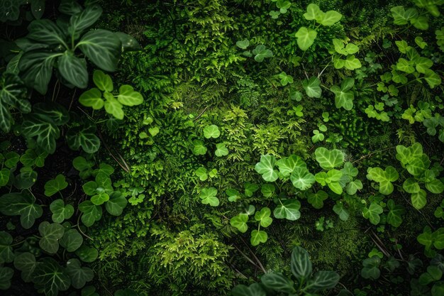 El verdoso musgo verde con intrincados patrones en el suelo sombrío del bosque