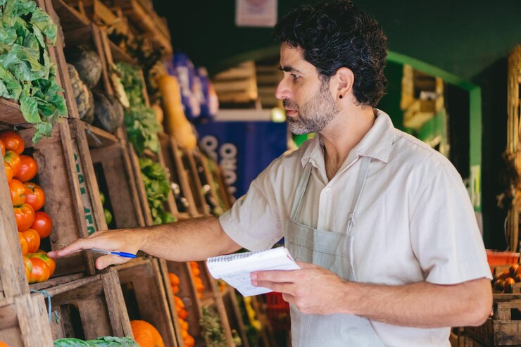 Foto verdulero latino de mediana edad haciendo control de calidad de los productos que estaba recibiendo y tomando notas