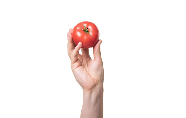 Verdura de tomate rojo en la mano aislado sobre fondo blanco.