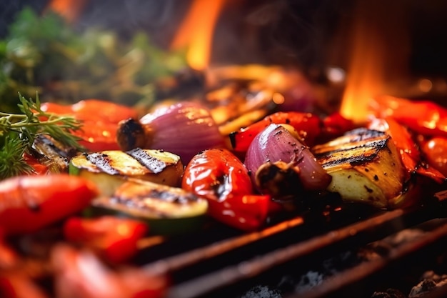 Verduras asadas a la parrilla con llamas