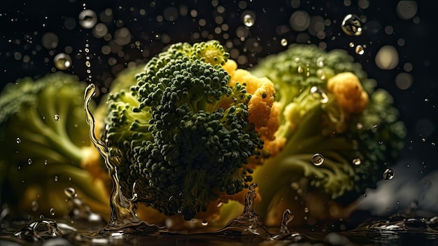 Verduras de brócoli golpeadas por salpicaduras de agua con fondo negro y desenfoque