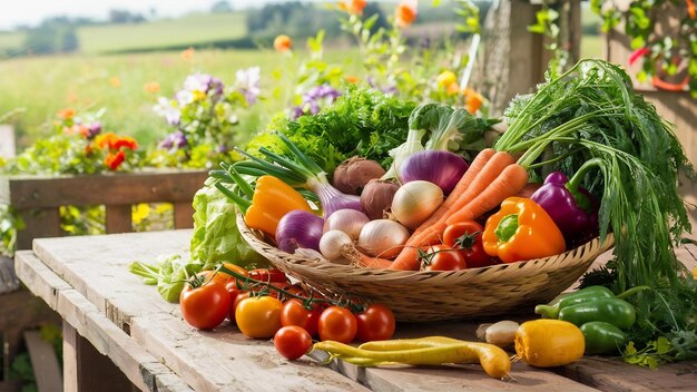 Las verduras de una canasta en una mesa de madera