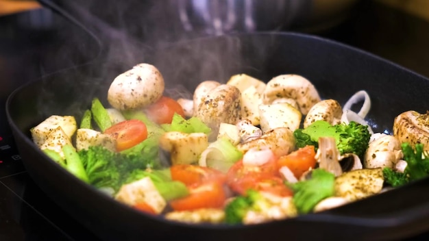 Foto verduras cocidas en sartén