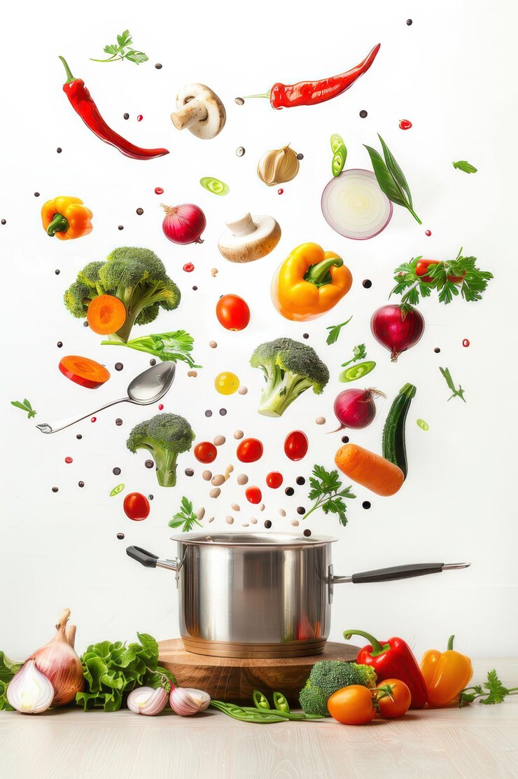 Las verduras coloridas, incluidos los tomates, el brócoli y los guisantes, flotan sobre una sartén creando una vibrante escena de cocina