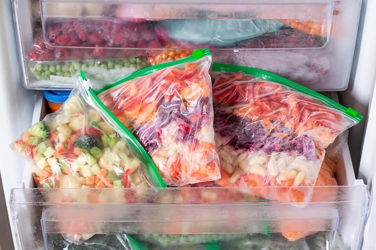 Foto verduras congeladas en bolsas, comida fría de dieta saludable, natural. alimentos congelados.