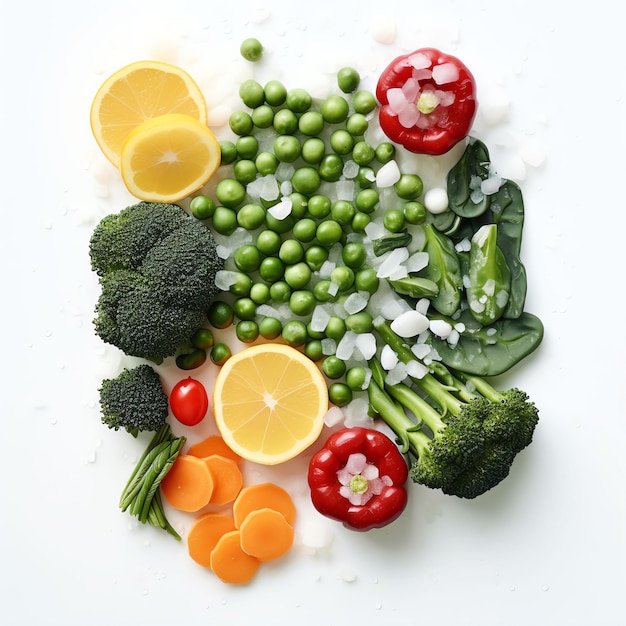 Verduras congeladas en la mesa de fondo blanco