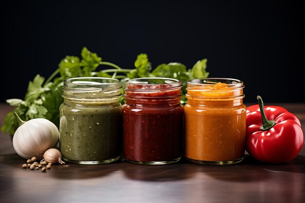 Verduras y un conjunto de salsas en frascos de vidrio en la mesa