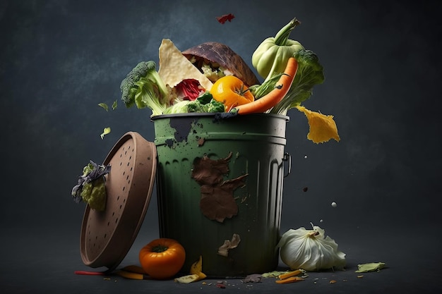 Foto verduras desechadas comida desperdiciada y estropeada tirada a la basura generada por ia