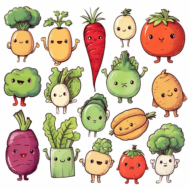 verduras de dibujos animados con caras y brazos sonríen y agitan ai generativo