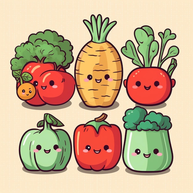 verduras de dibujos animados con caras y ojos se agrupan ai generativa