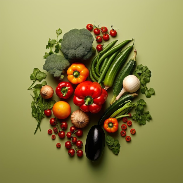verduras dispuestas en círculo sobre un fondo verde