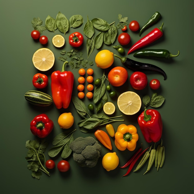 verduras dispuestas en forma de corazón sobre un fondo verde