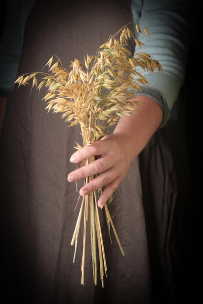 Foto verduras ecológicas frescas cosechadas las manos de los agricultores con orejas de avena de cerca