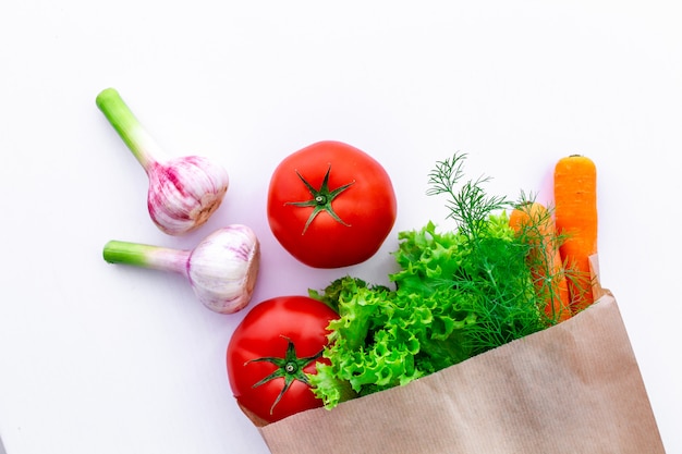 Verduras ecológicas orgánicas frescas en bolsa de papel artesanal