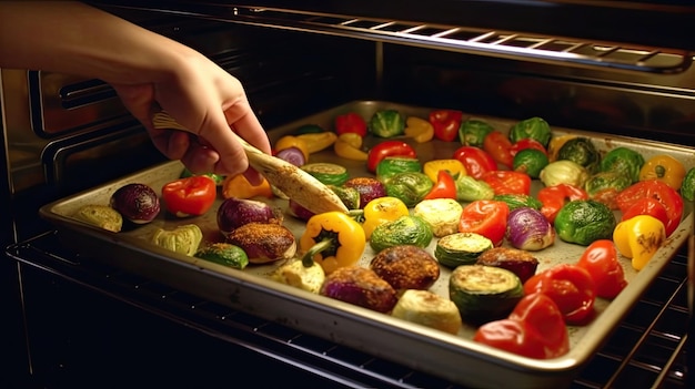 Foto las verduras se encuentran en una sábana de hornear salpicada de especias concepto de cocinar comida vegetariana