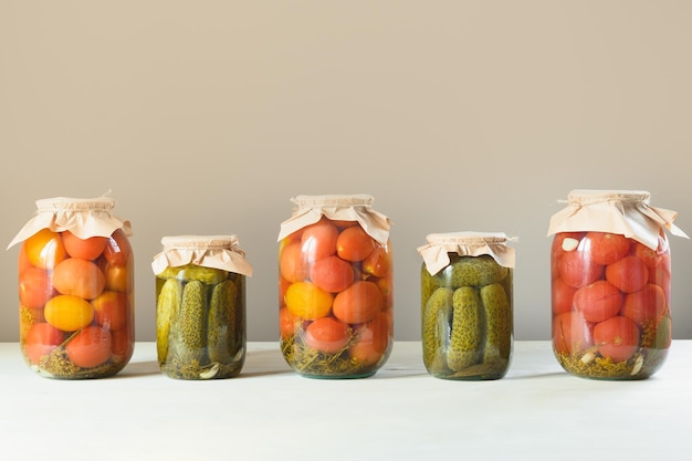 Verduras enlatadas de tomates marinados caseros en frasco de vidrio