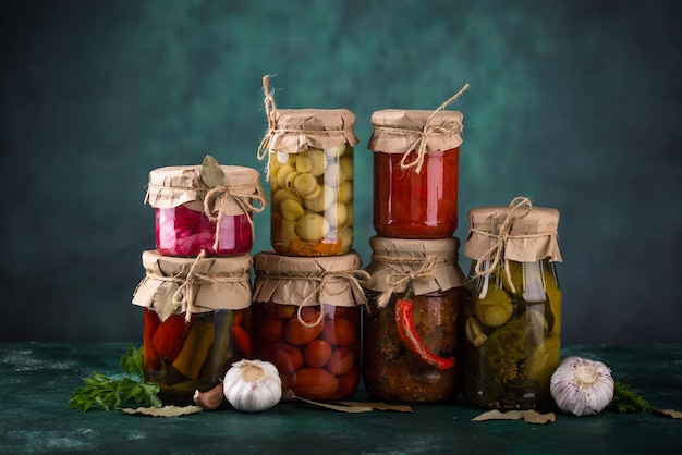 Verduras en escabeche en tarros de cristal