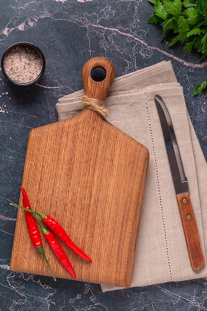 Verduras y especias, concepto de preparación de alimentos saludables, vista superior.