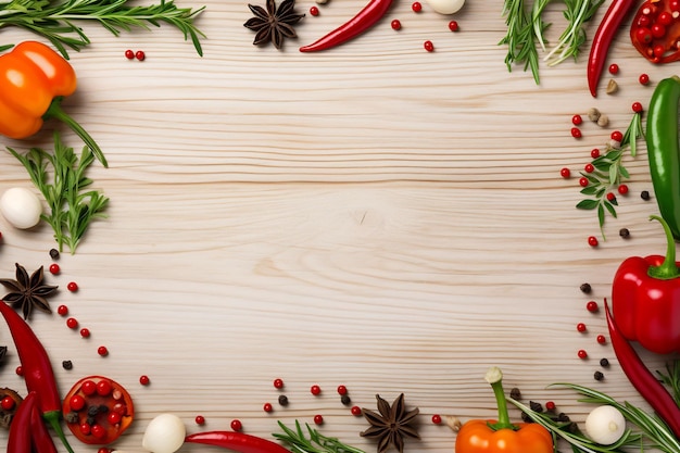 verduras y especias sobre un fondo de madera