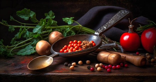 Verduras y especias sobre un fondo negro con una cuchara