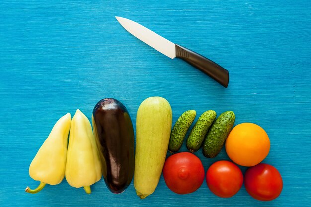 Las verduras están enteras y se cortan en un bloc de notas para escribir arrozpts y un cuchillo de cerámica en un tablero azul.