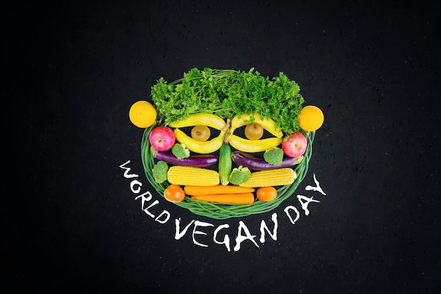 Verduras en forma de cara con texto del día mundial vegano