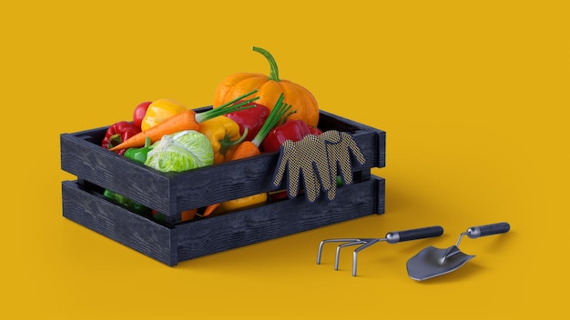 Verduras frescas en caja de madera con herramientas de jardín.