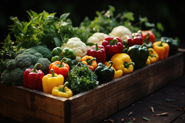 Verduras frescas en una caja de madera